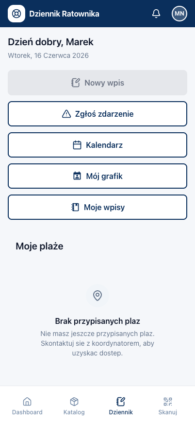 Aplikacja ratownika, dziennik służby z wpisami i synchronizacją offline